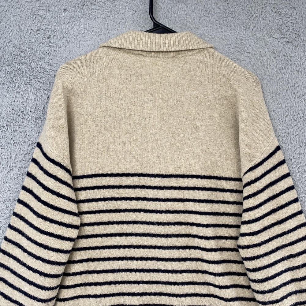 Zara Sweater Womens Medium Beige Collared Striped Button Knit Old Money Pullover - Picture 11 of 13